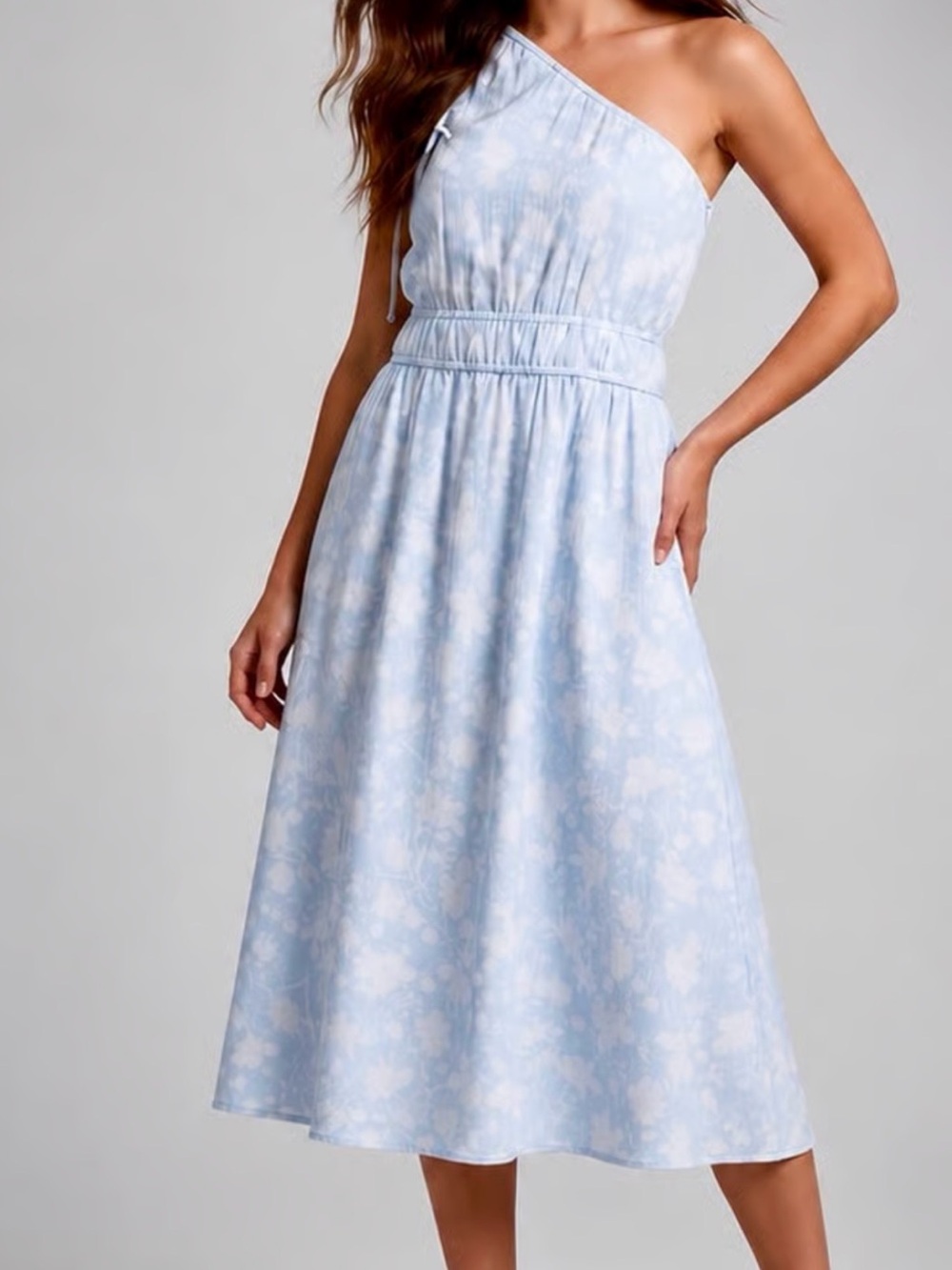 One-Shoulder Light Blue Floral Midi Dress